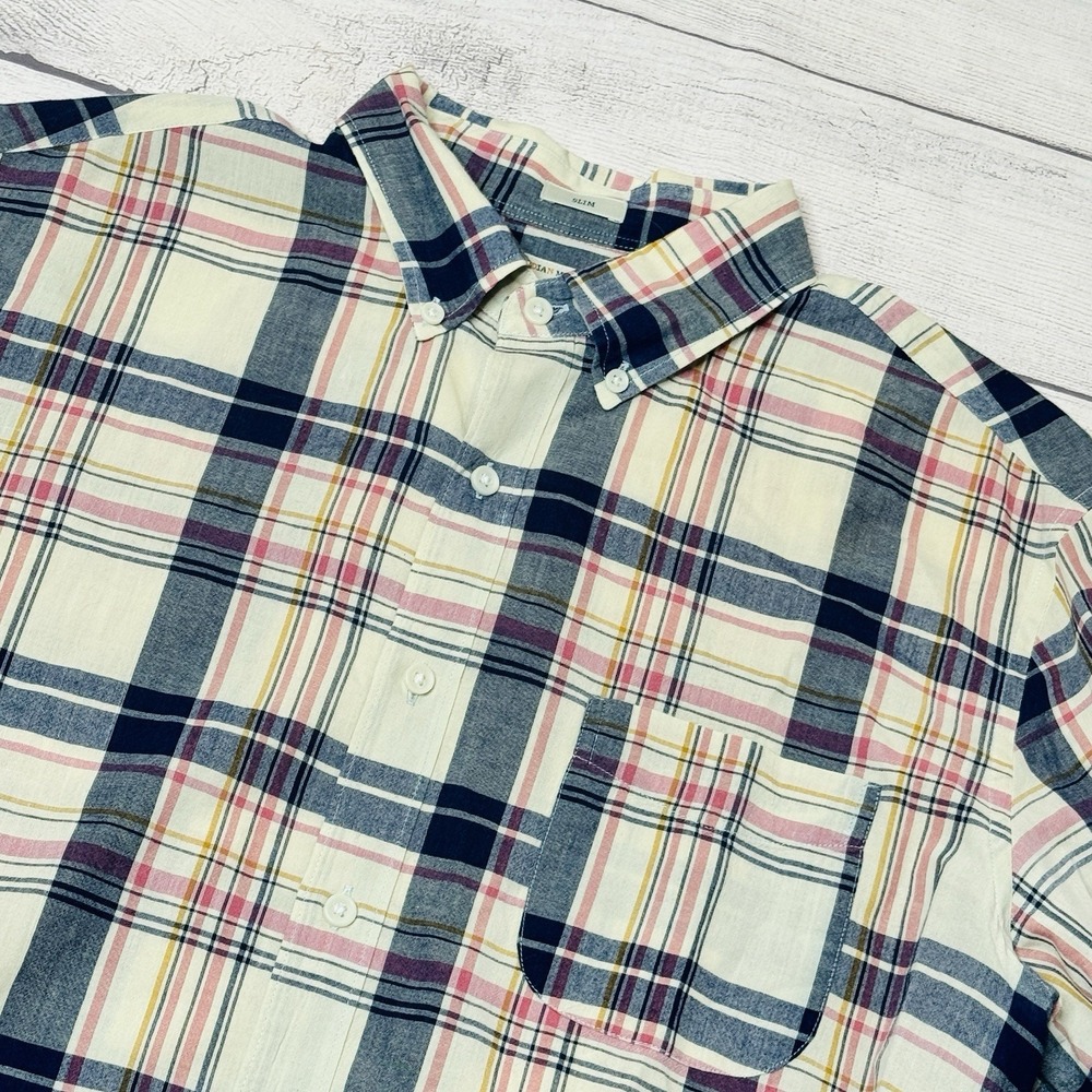 J Crew Indian Madras Shirt Mens Large Button Up Pink Plaid Slim Fit 100% Cotton